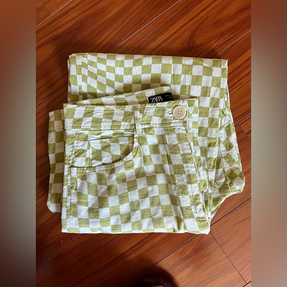 BRAND NEW W/ TAGS Zara White and Green Checkered Linen Pants Size L - Picture 9 of 9